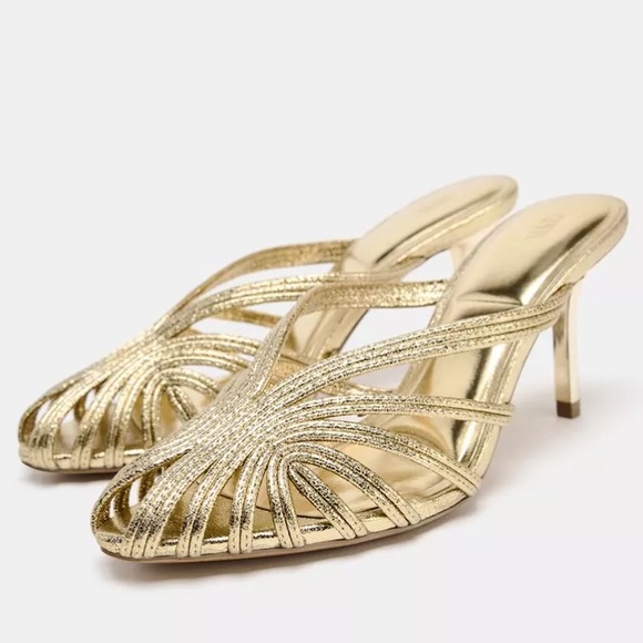 Zara Metallic Effect Stiletto Heal Sandals - Picture 1 of 11